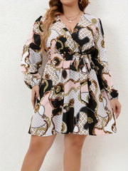  Colorblock Chain Print Long Sleeve Dress