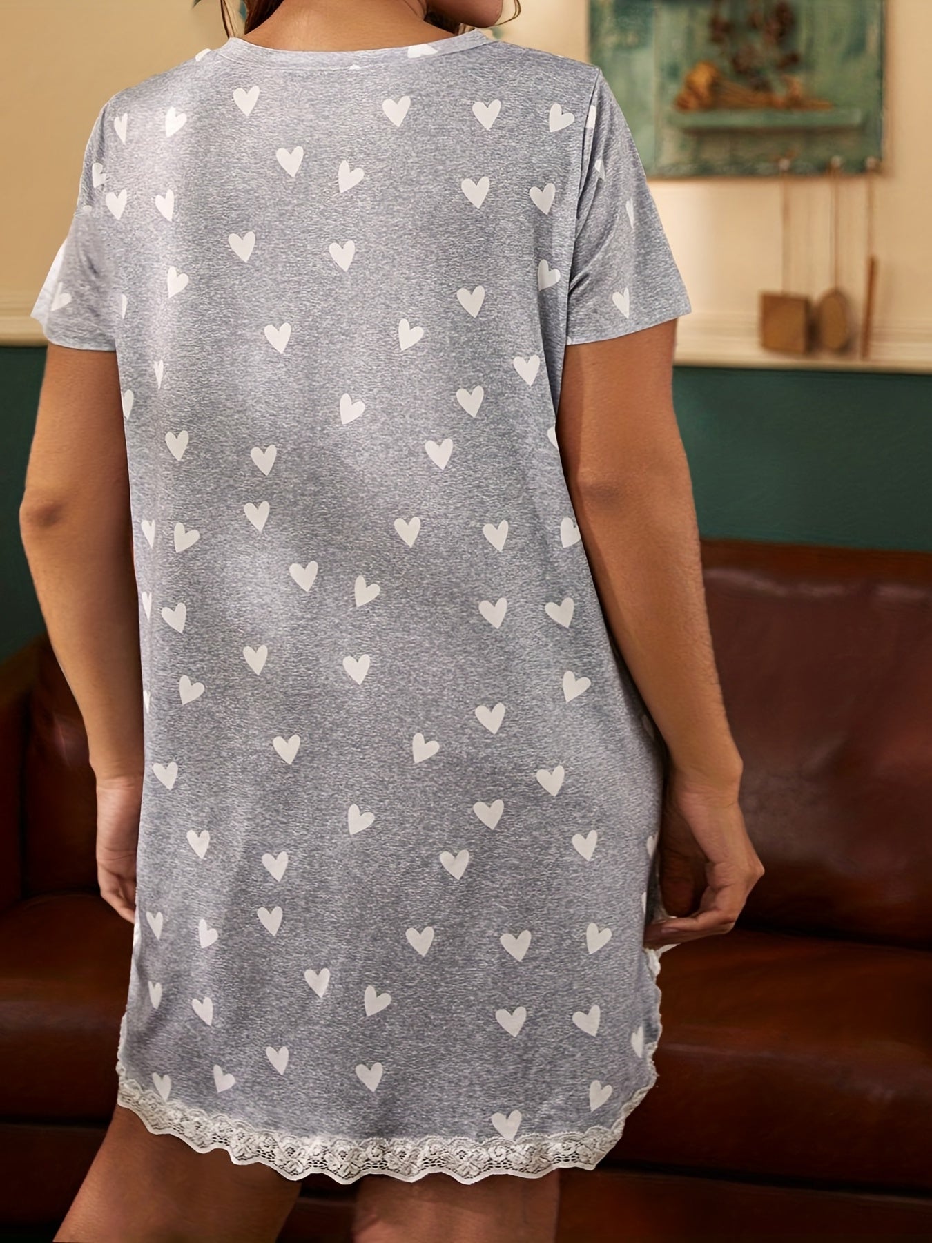  Star Print Lace Trim V Neck Sleep Tee Dress