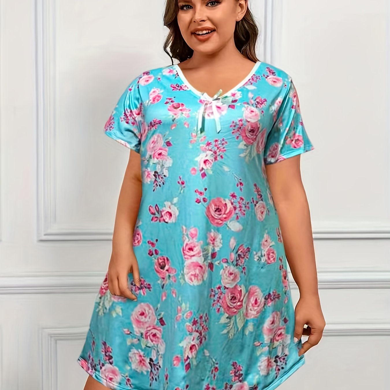  Loungewear Dress Women's Floral Print V Neck Nightdress