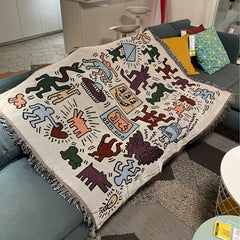 Graffiti Tassel Retro Blanket Outdoor Camping Decorative Blanket Throw Blanket
