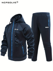 Men's Zip Up Hooded Jacket & Comfy Pants Set for Fall Winter Outdoor