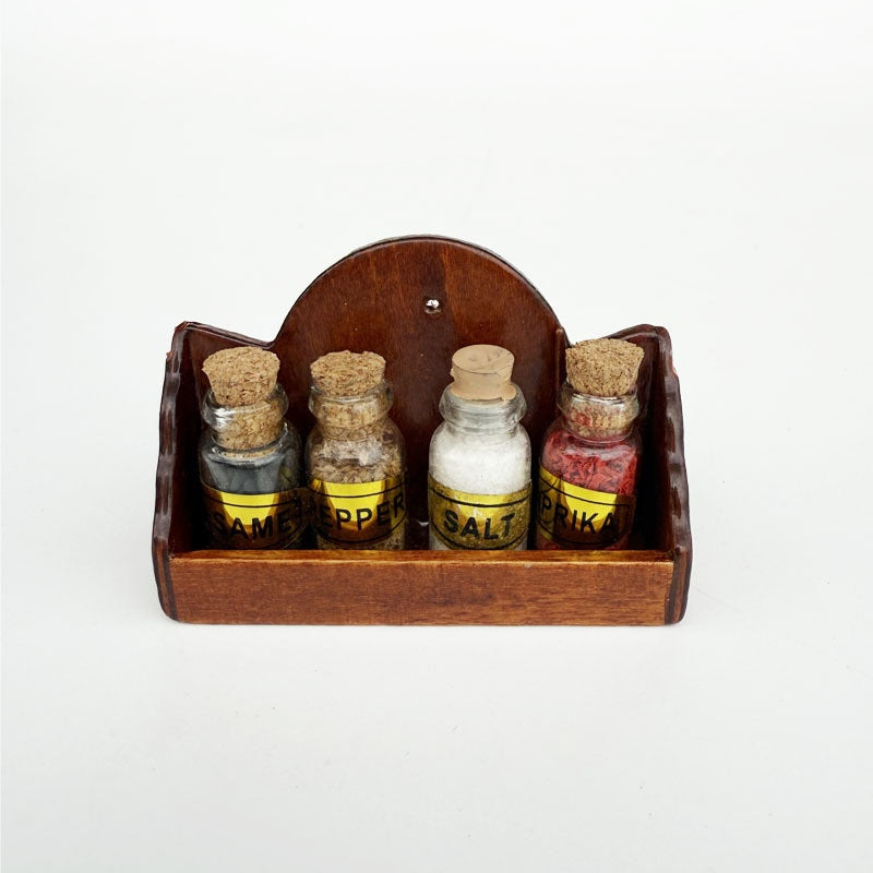 1:12 Scale Wooden Spice Rack w/ 4 Glass Bottles - Dollhouse Kitchen Decor