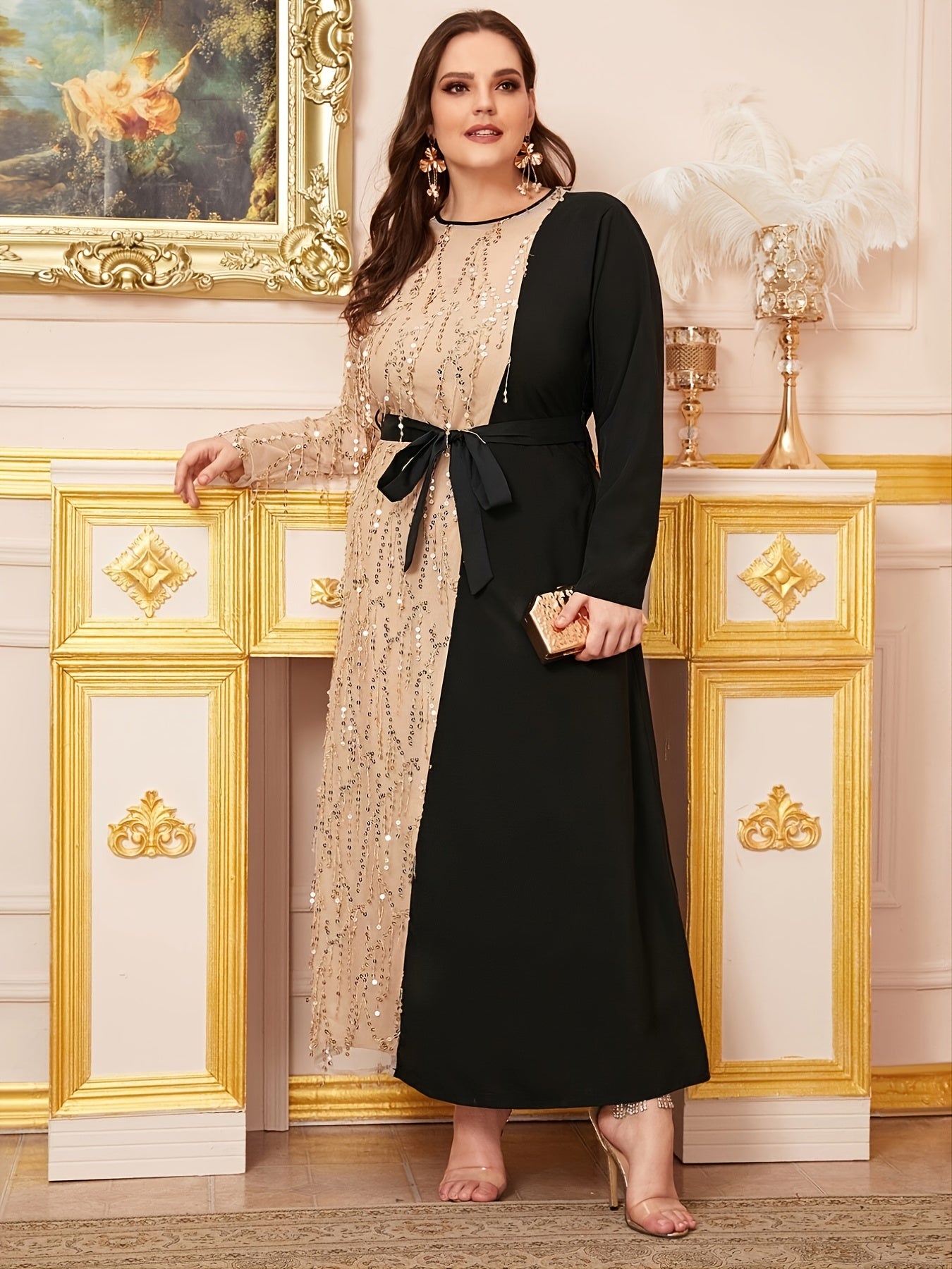 Colorblock Sequin Maxi Dress Plus Size Round Neck Long Dress