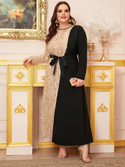 Colorblock Sequin Maxi Dress Plus Size Round Neck Long Dress