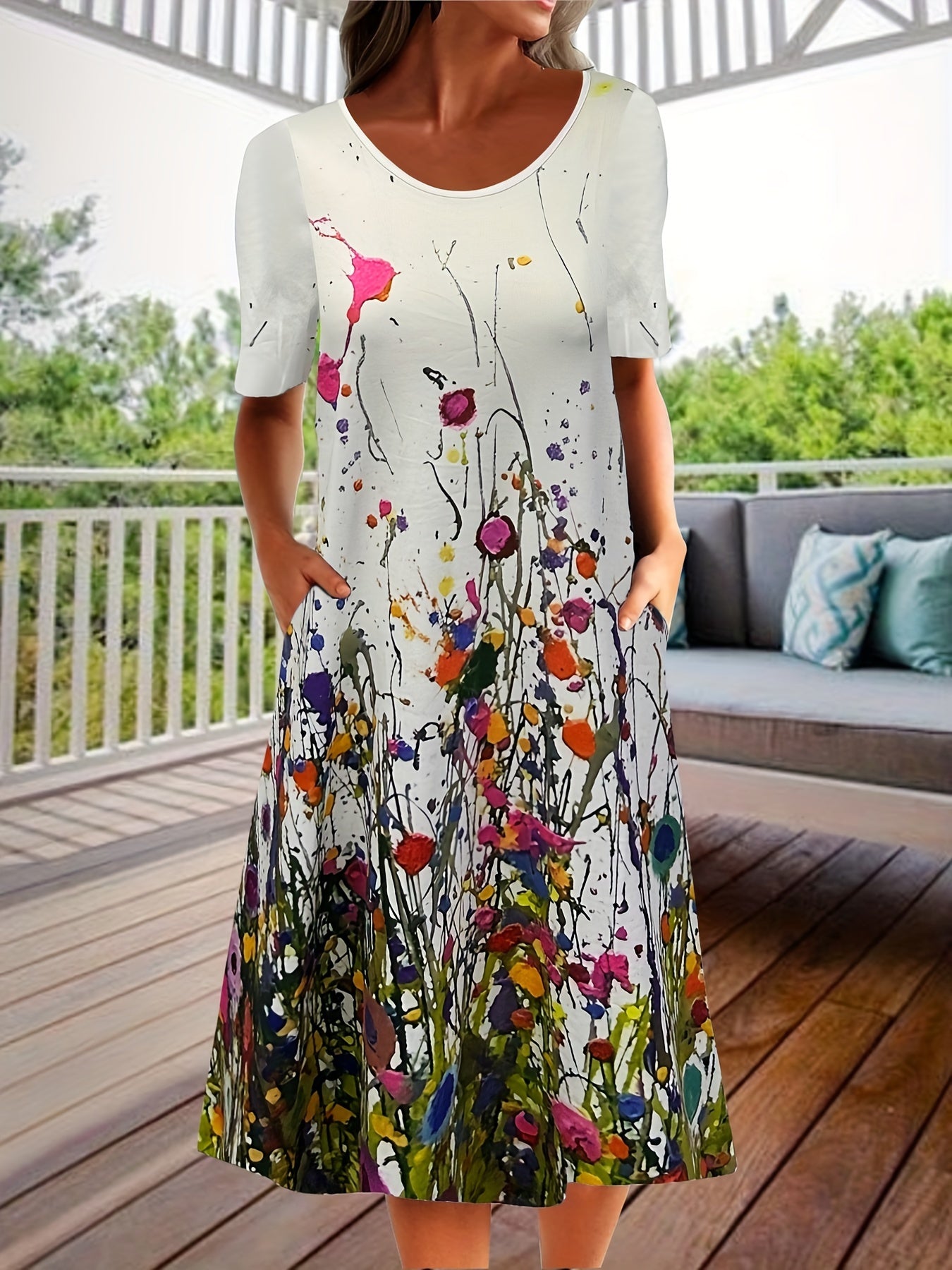 Plus Floral Print Round Neck Dress