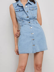 Button Denim Dress Flap Pockets Sleeveless Non Stretch Lapel Denim Dress
