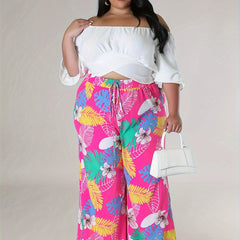  Tropical Print Wide Leg Boho Pants