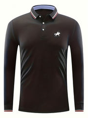 Men's Polo Player Print Button Up Long Sleeve Polo Shirt