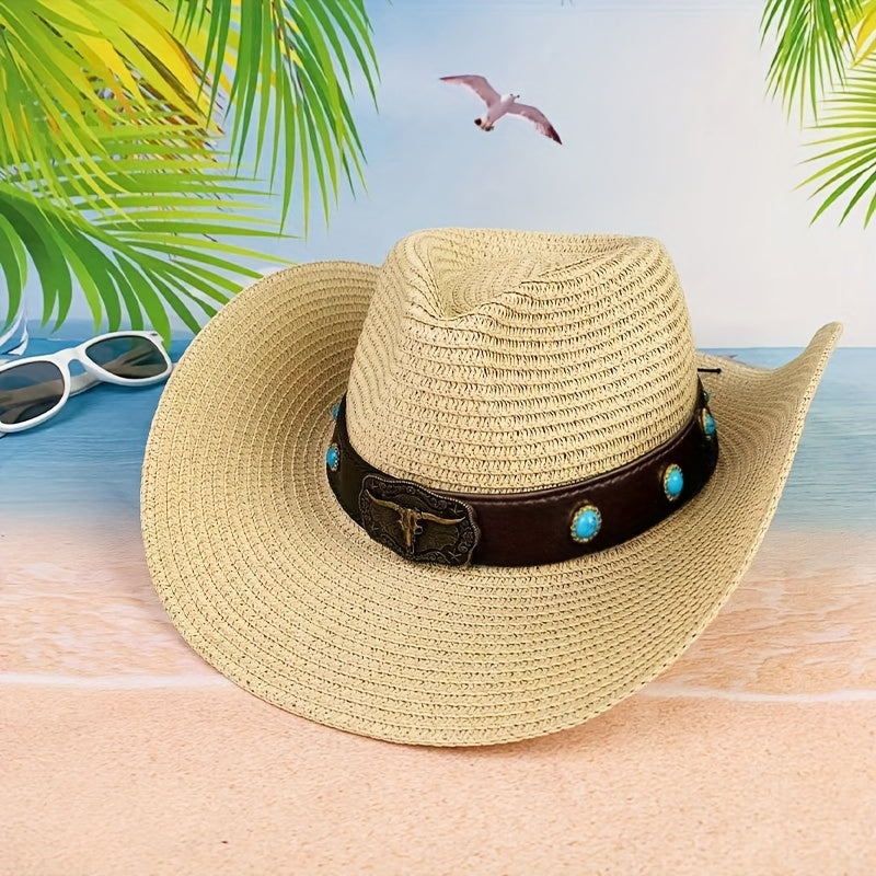 Cattle Head Decor Straw Hat Sunshade for Travel Seaside Unisex