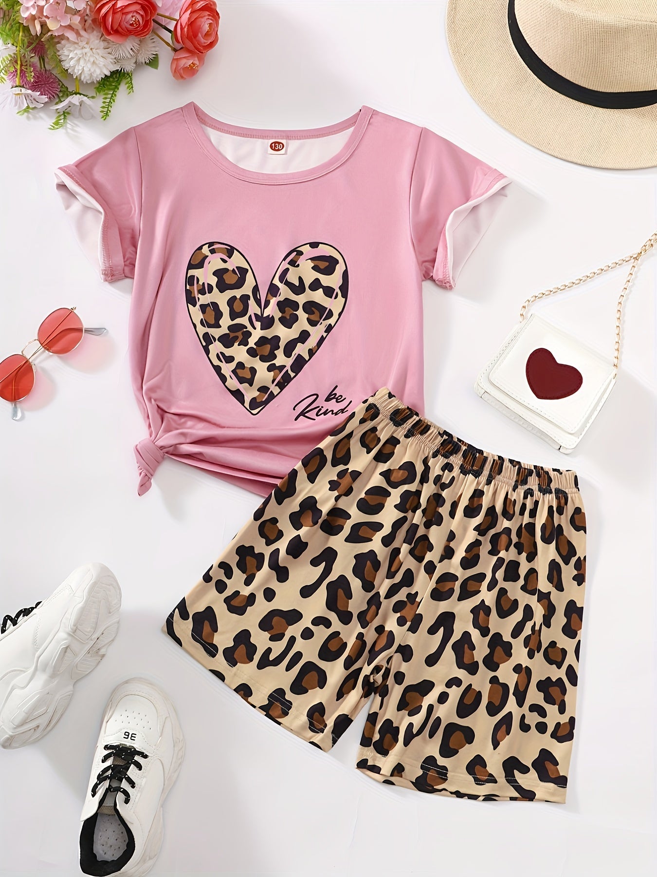 Girls Leopard Heart Graphic Tee & Shorts Loungewear Set