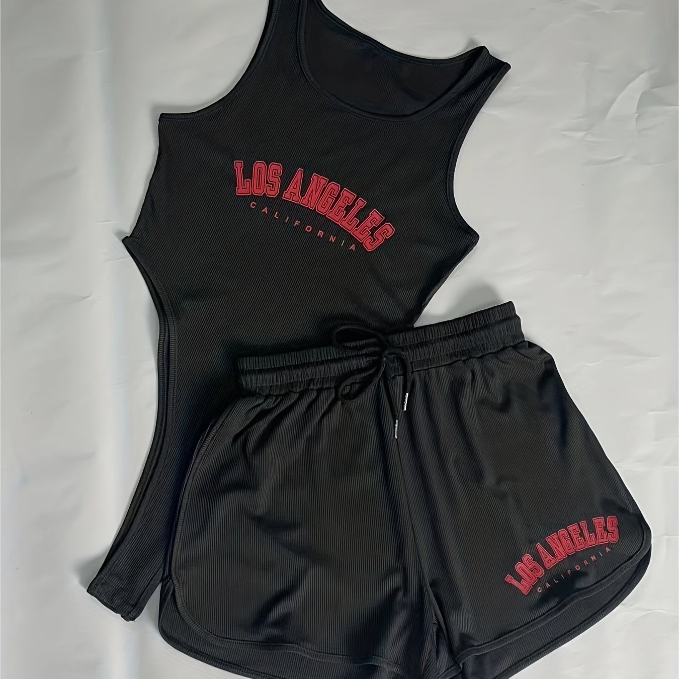 Letter Print 2pc Set Sleeveless Bodysuit & Drawstring Shorts