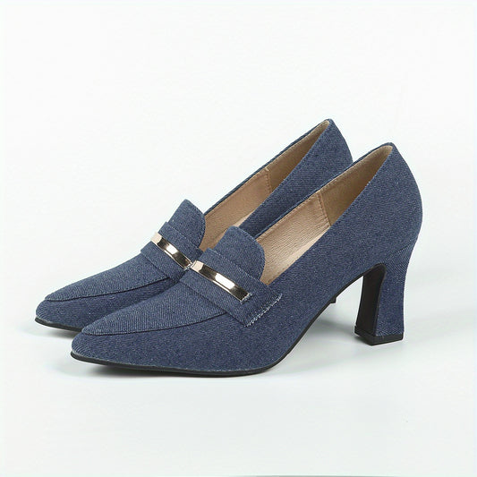 Women's Denim Loafers Pumps Pointed Toe Slip On Chunky Heels