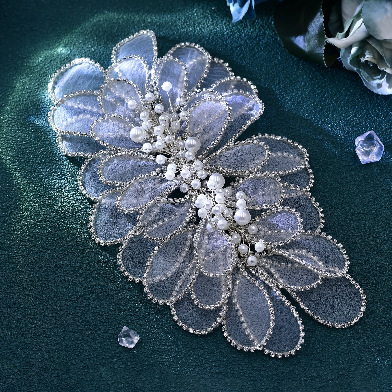 Faux Pearl & Tulle Leaf Floral Lace Headpiece for Weddings