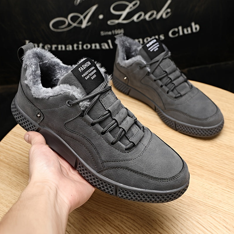 Men's Warm Fleece Solid Skate Shoes Casual Lace up Walking Sneakers Winter