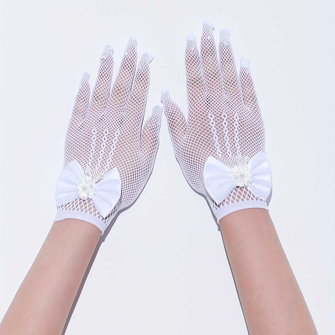 Bowknot Hollow Mesh Gloves Faux Pearl Decor Wedding Bridal Dress Gloves