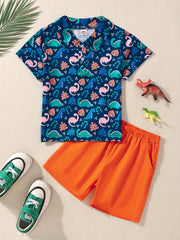Boys Dino & Leaves Print Polo Shirt & Shorts Set