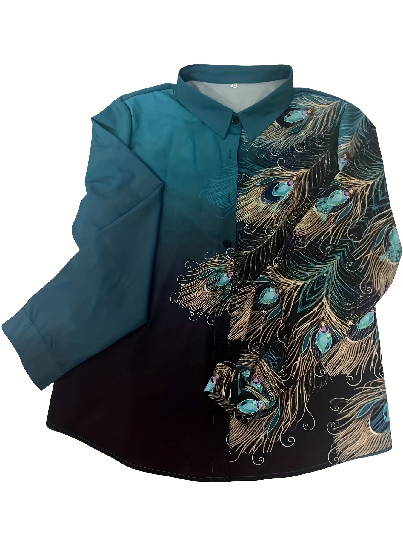  Feather Print Button Up Long Sleeve Blouse