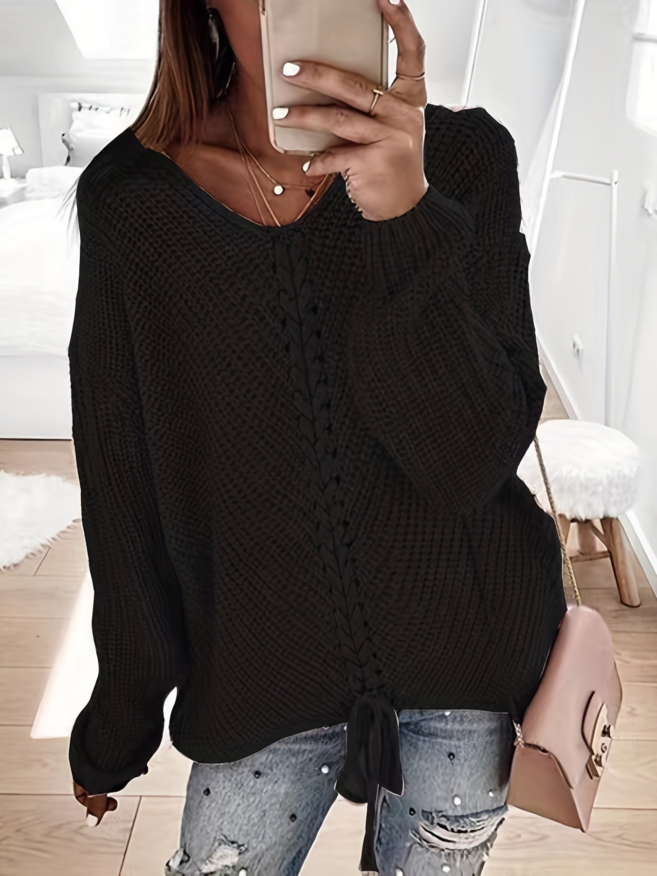  Casual Sweater Women's Plus Solid V Neck Lace Up Pullover Jumper