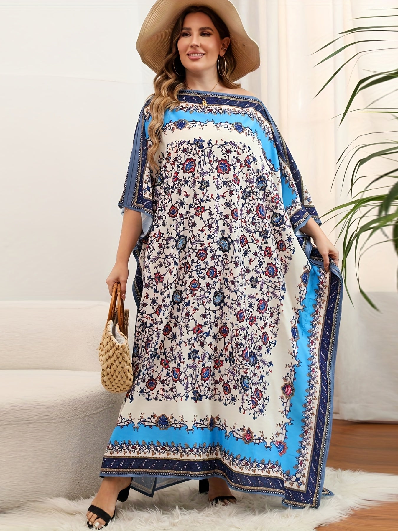  Boho Cover Up Dress Women's Plus Colorblock Floral Print Bat Sleeve V