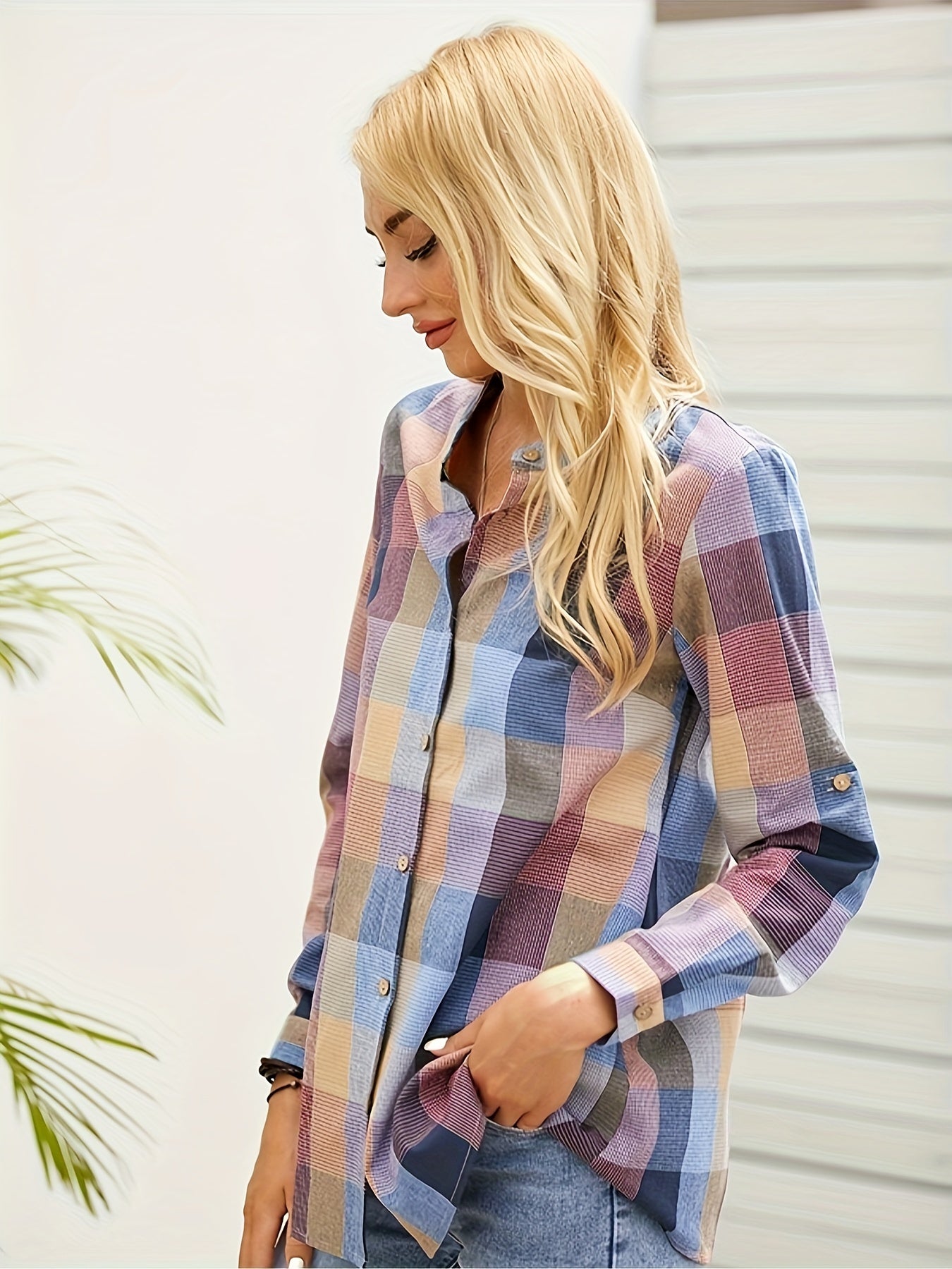  Colorblock Grid Button Up Blouse Long Sleeve Round Neck