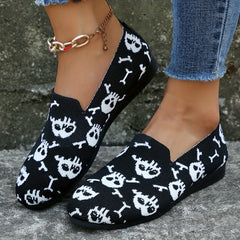 Women's Skull Print Slip On Flat Shoes Lightweight Knit Halloween Shoes