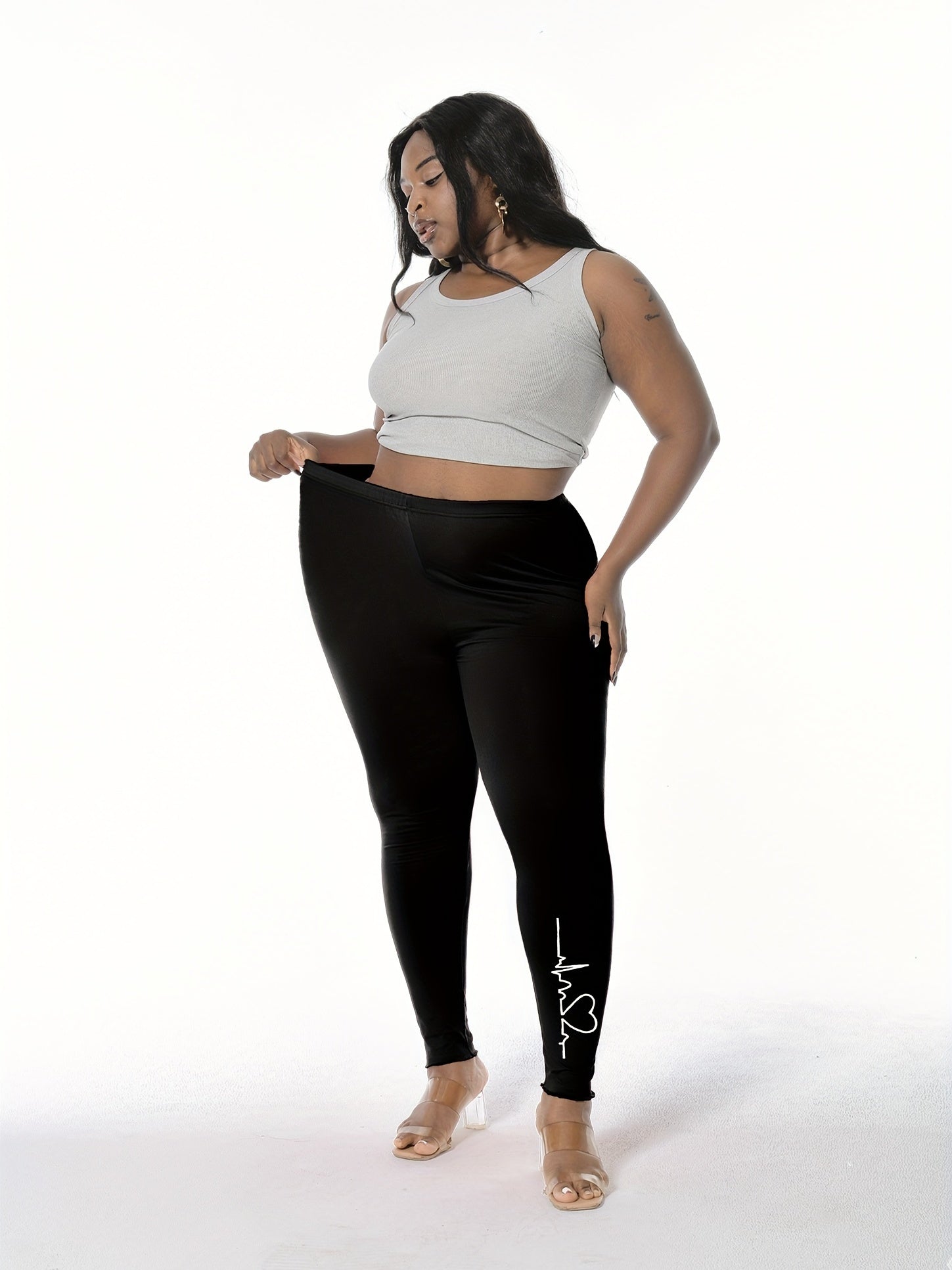  Casual Leggings Women's Plus Heartbeat Print Elastic Leggings