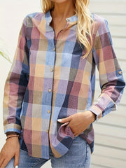  Colorblock Grid Button Up Blouse Long Sleeve Round Neck