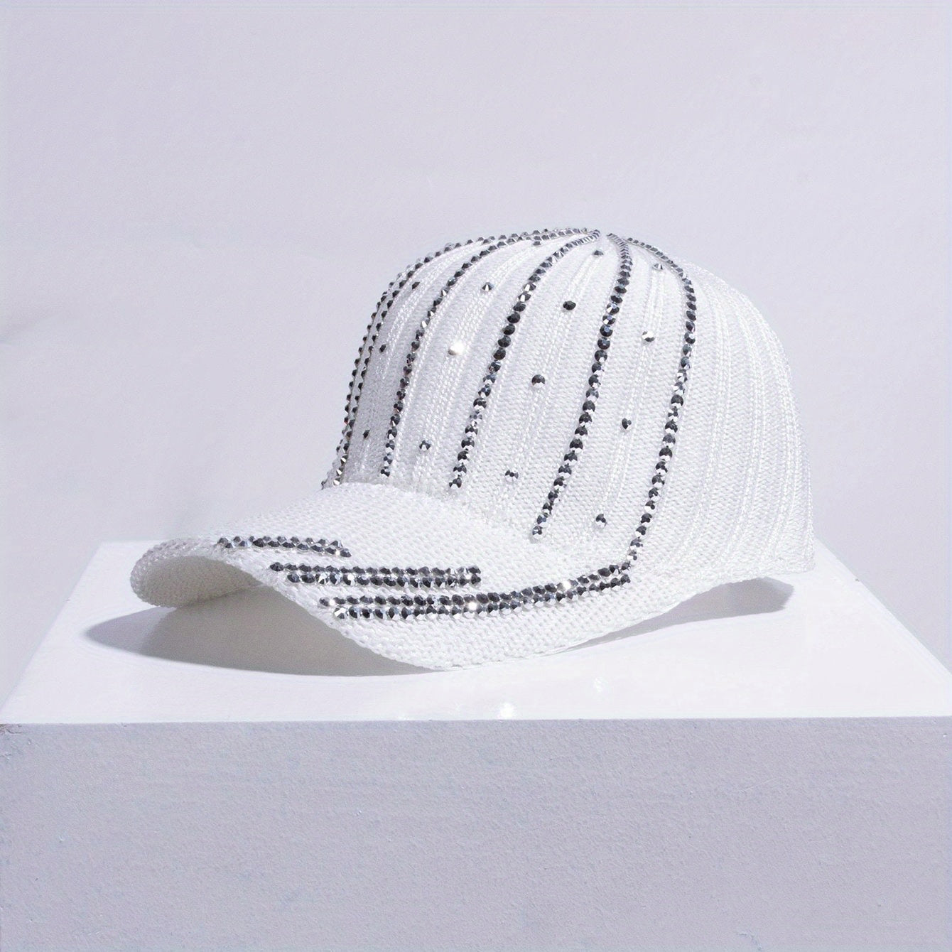 Rhinestone Striped Decor Baseball Cap Knitted Dad Hat Sun Hat Women