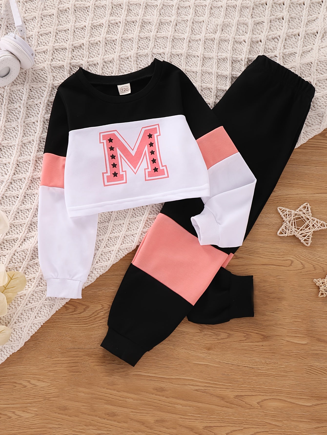 Girl's Letter M Pattern 2pcs Sweatshirt & Sweatpants Set