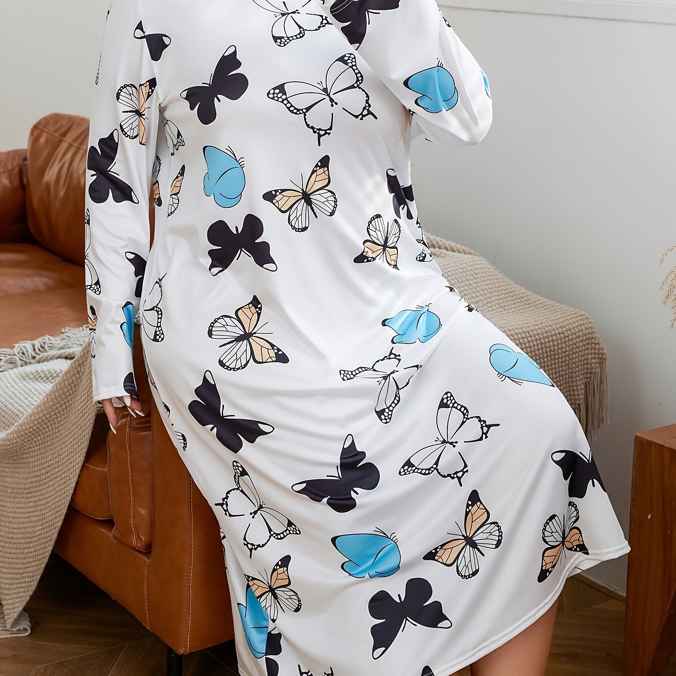  Butterfly Print Long Sleeve T-shirt Sleep Dress