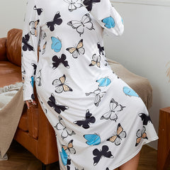  Butterfly Print Long Sleeve T-shirt Sleep Dress
