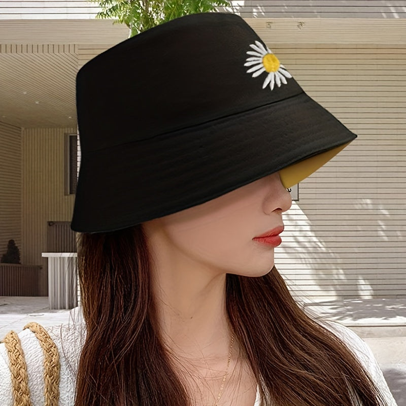 Daisy Flower Embroidery Bucket Hat Reversible Sunscreen Beach Cap Women