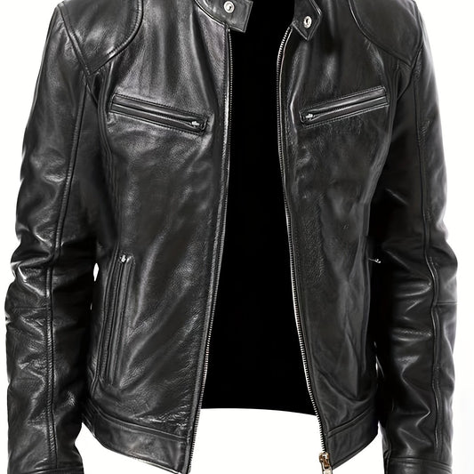 Stylish PU Biker Jacket Men's Casual Zip Up Faux Leather Jacket