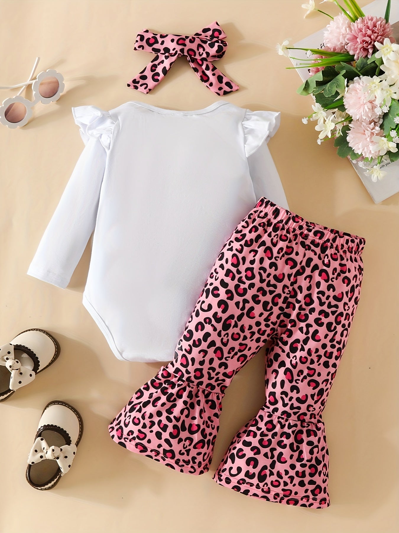 Baby Girl Cartoon Print Romper & Leopard Print Flared Set