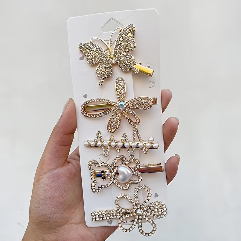 6pcs Retro Teddy Bear Flower Hair Clip Feather Scissors Faux Pearl Side Clip