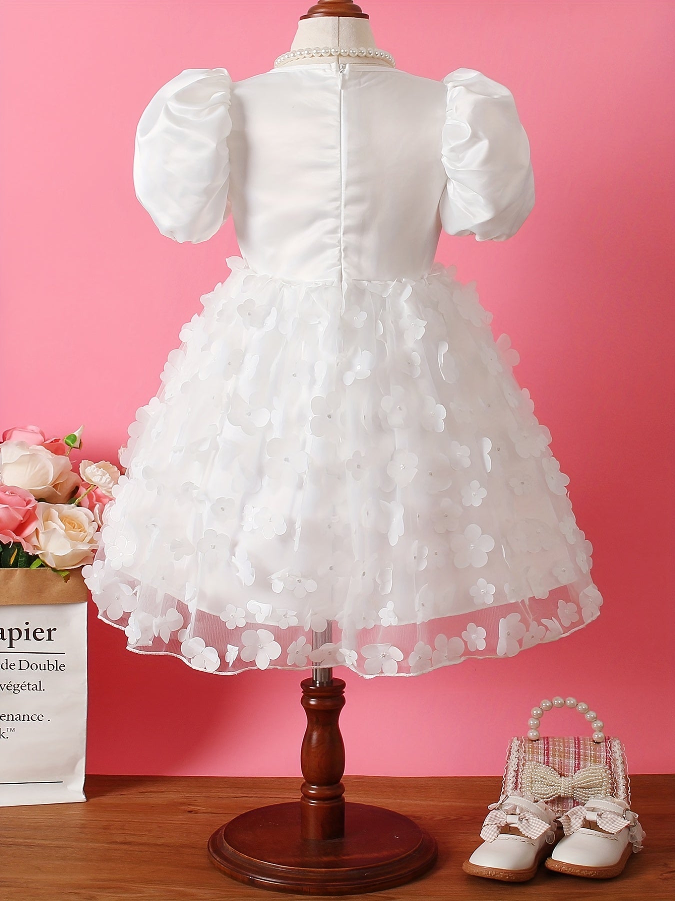 Girls Flowers Appliques Puff Sleeve Princess Dress For Summer