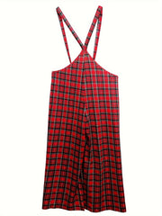  Plaid Print Wide Leg Overalls With Pockets