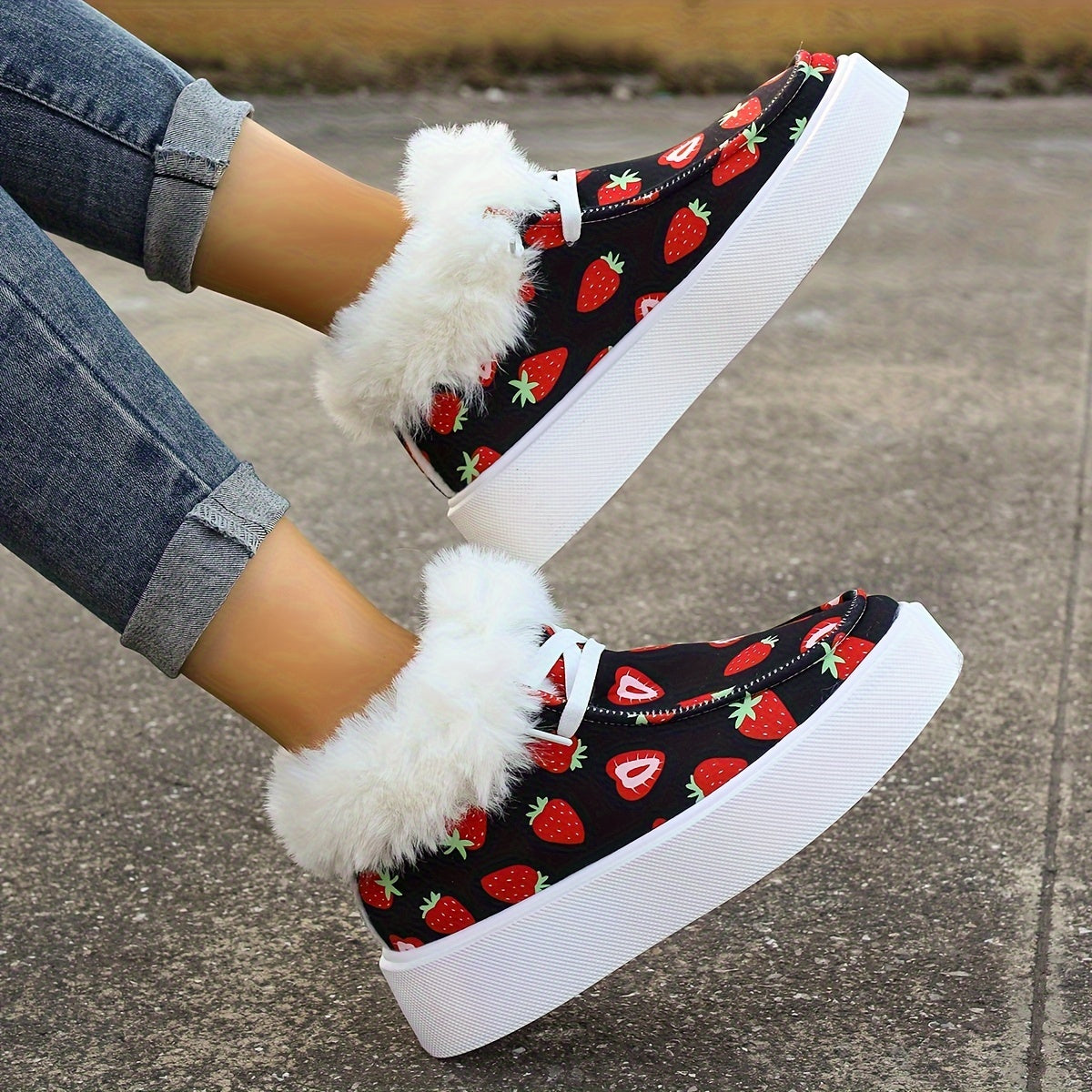 Women's Strawberry Print Warm Sneakers Low Top Sport Shoes