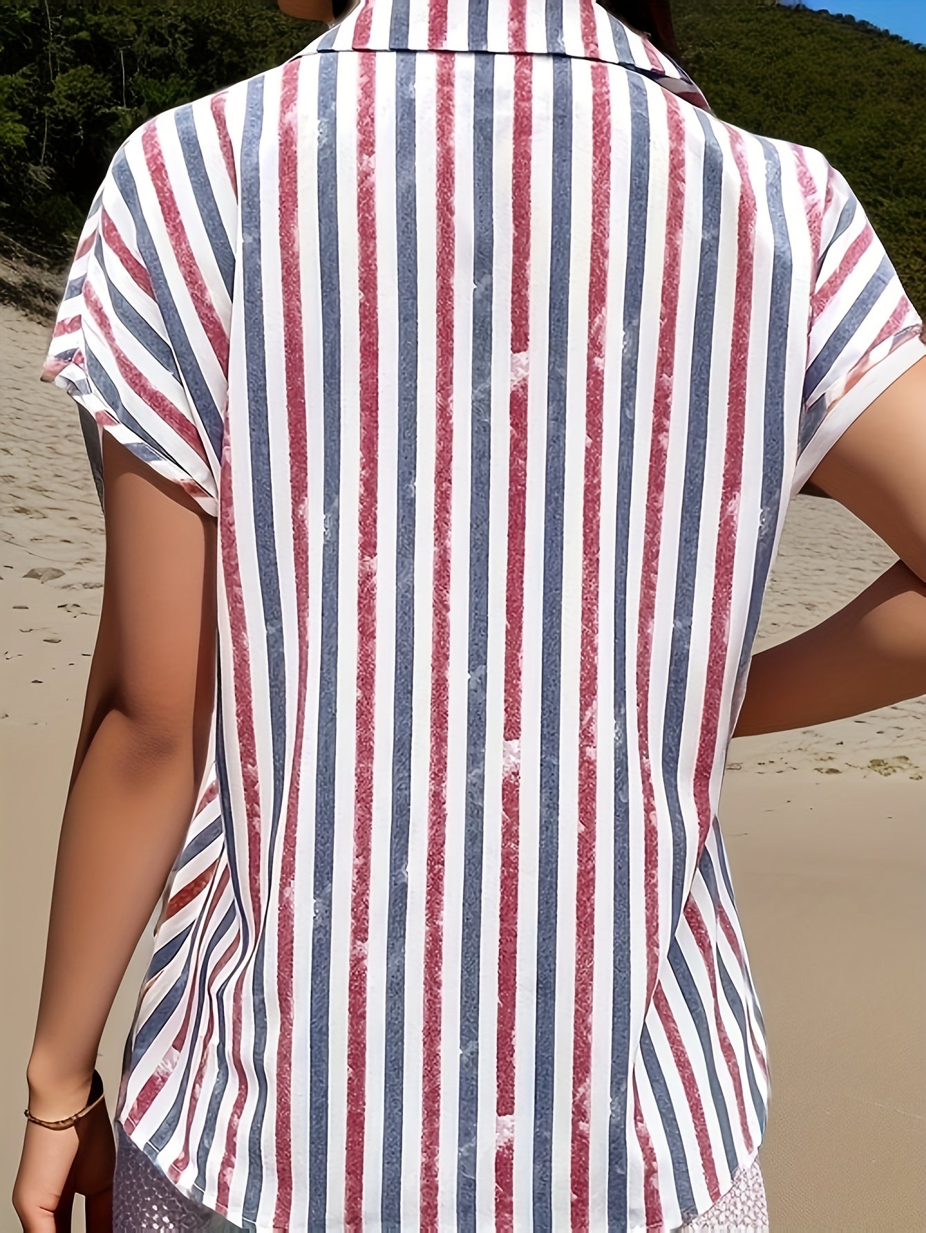  Casual Blouse Women's Plus Stripe Print Button Up Short Sleeve