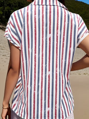  Casual Blouse Women's Plus Stripe Print Button Up Short Sleeve