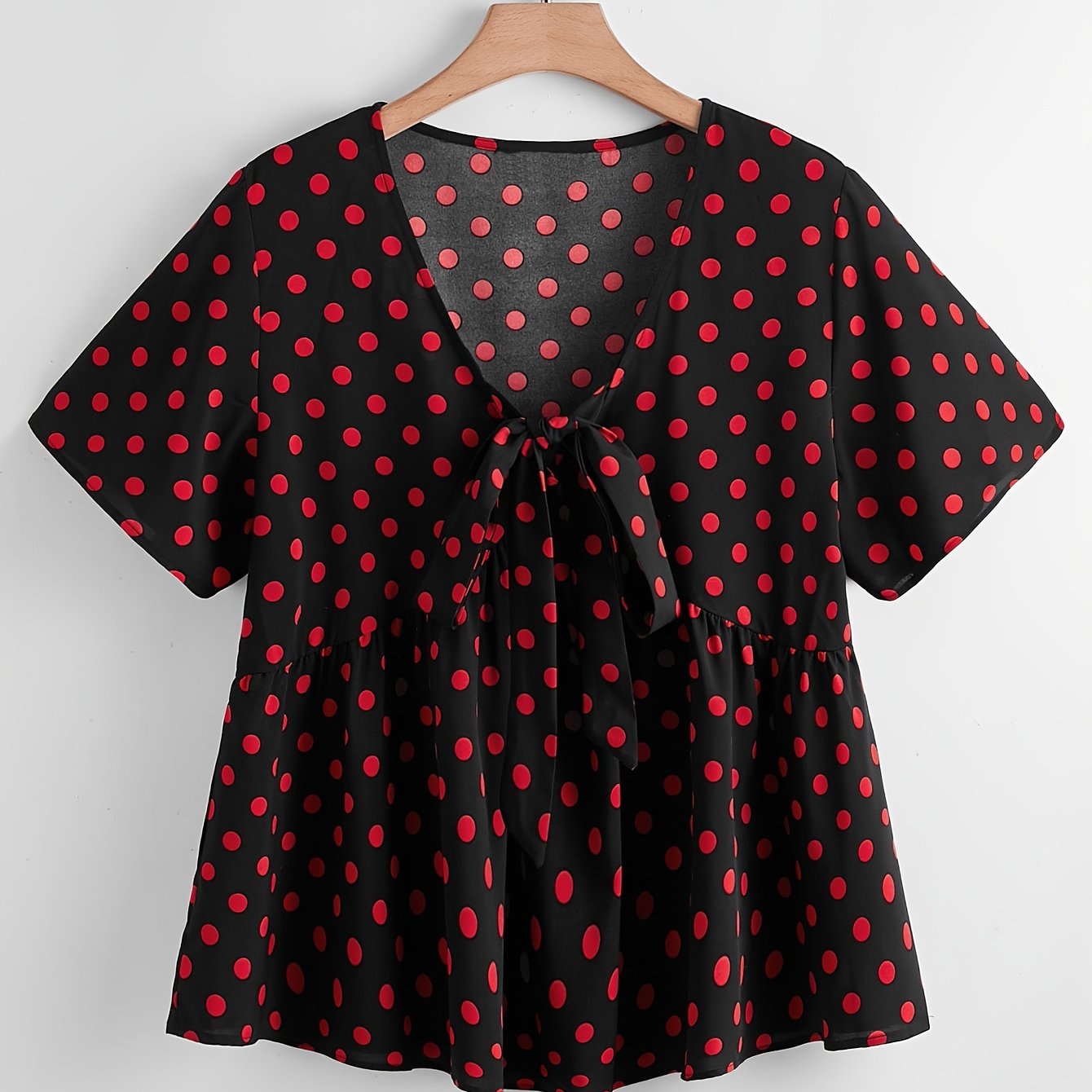  Dot Print Short Sleeve Peplum Shirt Top