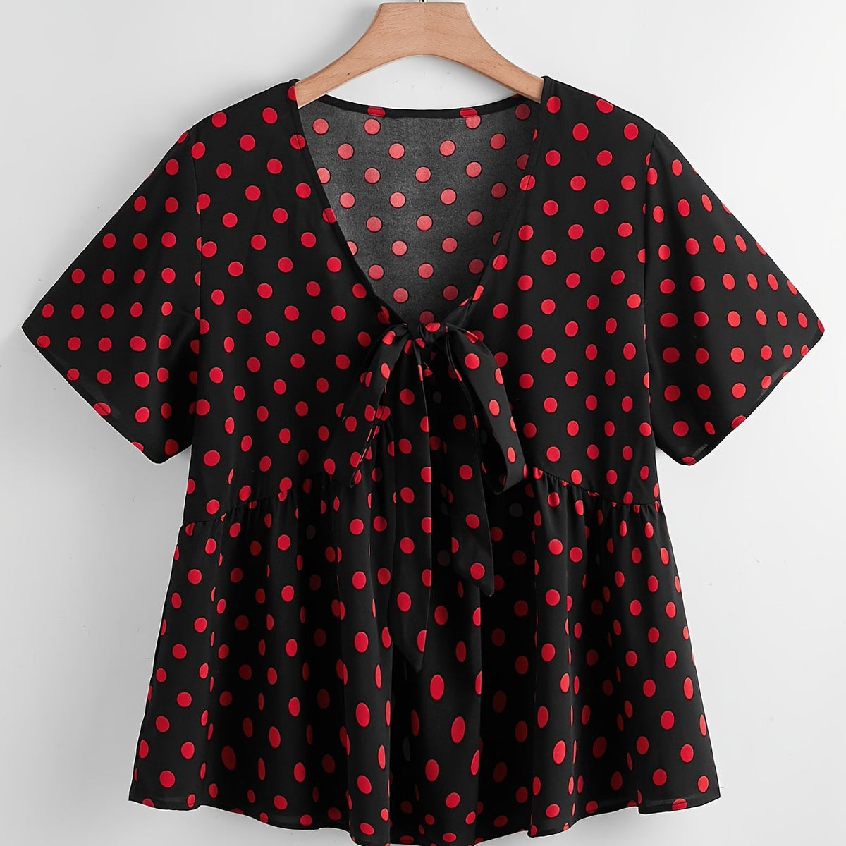  Dot Print Short Sleeve Peplum Shirt Top