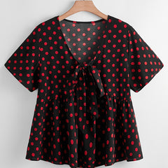  Dot Print Short Sleeve Peplum Shirt Top