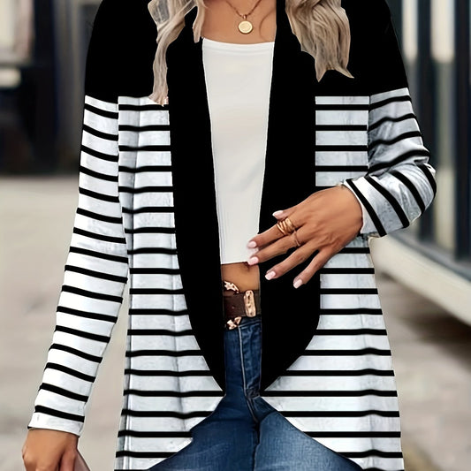  Colorblock Stripe Print Long Sleeve Open Front Cardigan