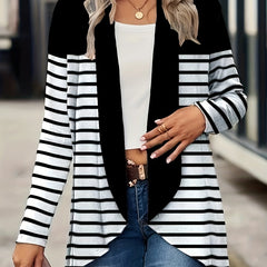  Colorblock Stripe Print Long Sleeve Open Front Cardigan