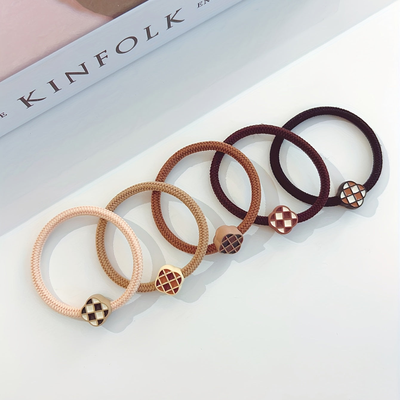 5pcs Checkered Camellia Beaded Hair Tie Elastic Ponytail Holder
