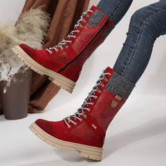 Faux Leather Snow Boots Flat Lace Up Mid Calf Winter Boots