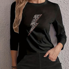  Leopard Lightning Print Long Sleeve Round Neck Tee