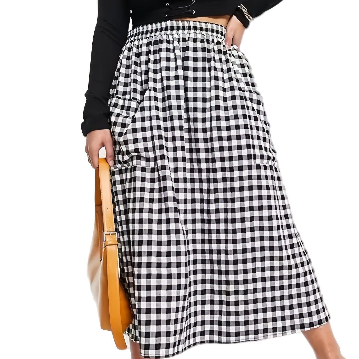  Gingham Print High Waist Skirt With Pockets Women's Plus Long Skirt