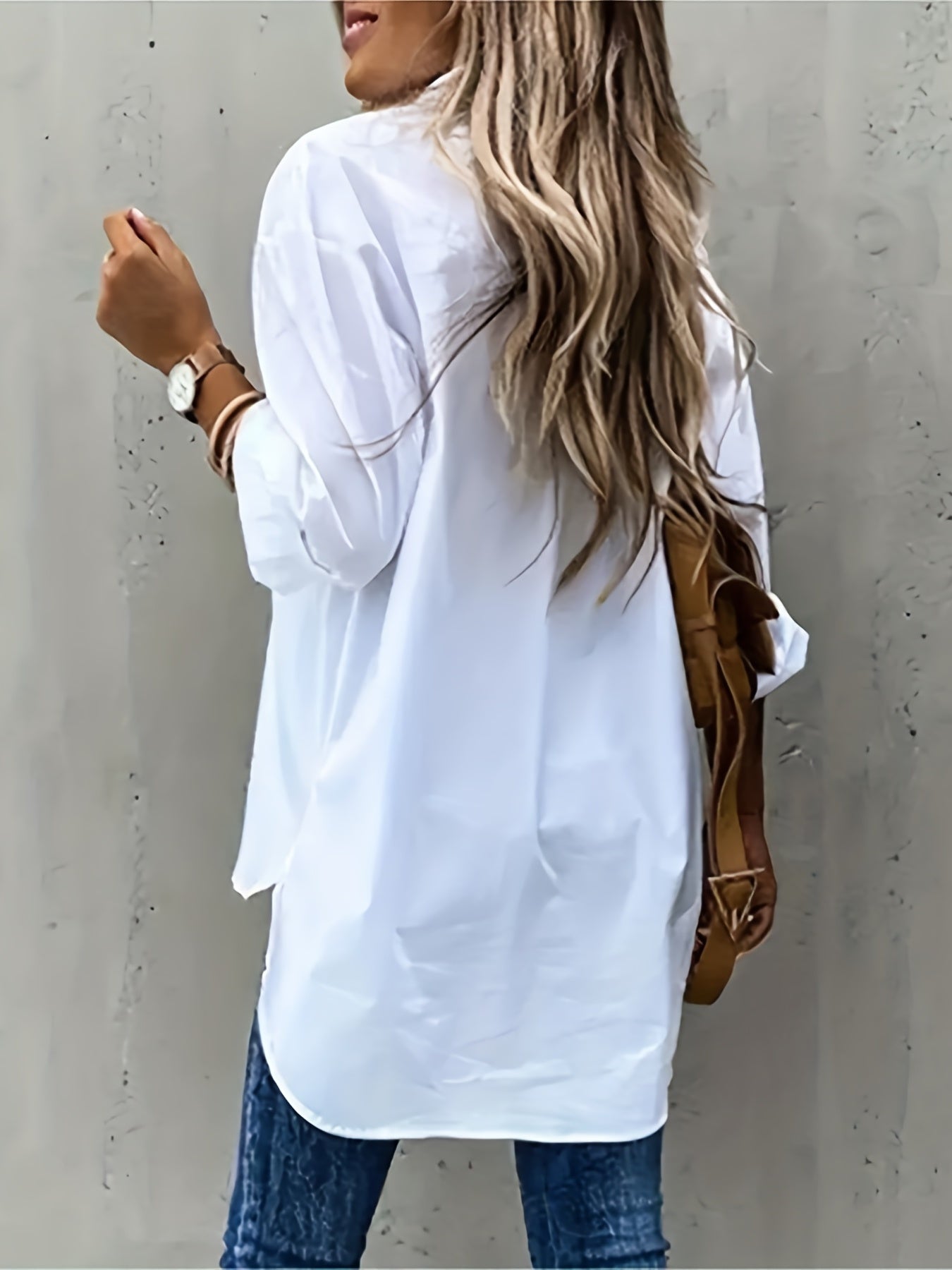  Solid Long Sleeve Lapel Button Up Shirt Top